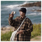 WIAOFELLAS  -  American retro plaid shirt men's autumn and winter thickened and fleece warm, trendy loose and casual long-sleeved shirt jacket