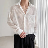 WIAOFELLAS  -  Spring Summer Lace See-through Shirts Blouse Men Sexy Lapel Long Sleeved Nightclub Men's Shirt Fashion Handsome Mens Clothing