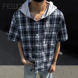 WIAOFELLAS  -  Niche Men's Shirts Hooded Drawstring Plaid Design Short Sleeved Casual Single Breasted Contrast Color Male Clothing