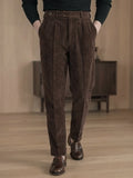 Wiaofellas  -  Men Fall Corduroy Suit Trousers, Italian Naples Single Pleat Straight Pants, Cotton Fabric for Business Office Daily Commute