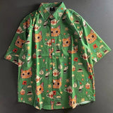 Wiaofellas  -  New Summer Graffiti Cartoon Cat INS Retro Short Sleeve Floral Shirt Hawaiian Beach Coast Outerwear Breathable Polyester Casual