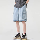 Wiaofellas Summer Cargo Denim Shorts Men Fashion Retro Pocket Denim Shorts Mens Japanese Streetwear Hip-hop Loose Blue Jeans Shorts Men
