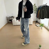 Wiaofellas  -  Men Cleanfit Loose Straight Jeans American High Street Heavyweight Washed Blue A‑Fit Denim Trousers Casual Streetwear Long Pants