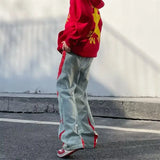 Wiaofellas  -  2000S Clothes Y2K Fashion Washed Blue Drawstring Baggy Jeans Pants Men Clothes Straight Hip Hop Patchwork Male Denim Trousers