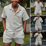 Wiaofellas  -  Summer Beach Casual Mens Two Piece Sets Short Sleeve Button Lapel Shirts And Shorts Striped Suits Men Leisure Loose Outfits