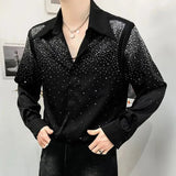 Wiaofellas  -  Mens Sexy Diamond Shoulder Pad Shirt Autumn Genderless Fashion Lazy Style Nightclub Performance Loose Long Sleeve Shirt Unisex