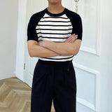 WIAOFELLAS  -  T-shirts Men Simple Mature Daily Casual Summer Striped Fashion Breathable All-match Korean Style Shinny Cozy Soft Handsome New