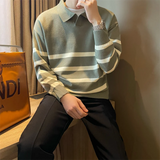Wiaofellas  -  Autumn Simple Lapel Striped Sweater For Men Casual Vintage Korean Fashion Knitwear Top New Y2K Loose Knitted Pullover Jumper