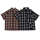 Wiaofellas  -  Harajuku Summer Short Sleeve Plaid Shirt for Men Lapel Patchwork Hip Hop Overalls Streetwear Vintage Loose Oversized Tops