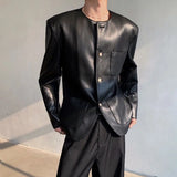 WIAOFELLAS  -  Spring And Summer New Men's Pu Leather Solid Color Suit Jacket Korean Retro Fashion Trend High Street Casual Slim Men's Tops