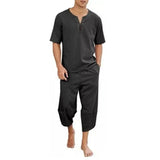 Wiaofellas  -  Men's Casual V-neck Short-sleeved Top Loose Cropped Trousers Cotton Linen Breathable Sports Suit