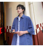 WIAOFELLAS  -  Trendy Men's Plaid Spliced Pocket Short Sleeve Loose Shirts Fashion Summer Lapel Single-breasted Blouses Male