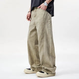 Wiaofellas  -  Men's Vintage Washed Curved Cut Long Pants American High Street Baggy Wide Leg Pants Loose Straight Casual Cargo Trousers