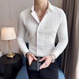 WIAOFELLAS  -  Double-breasted Camisa Masculino De Luxo Autumn Long Sleeve Slim Fit Striped Shirts Men Party Wedding Lapel Men's Dress Shirt