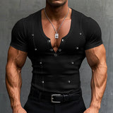 WIAOFELLAS  -  Men T Shirt Solid Color V Neck Short Sleeve Button Skinny Casual Male Tee Tops Streetwear Summer Fashion Camisetas