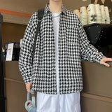 WIAOFELLAS  -  Trendy Lapel Men Houndstooth Shirt Jackets Autumn Winter Buttons Up Long-sleeved Baggy Thicken Men's Shirt Coats Plus Size 5XL-M
