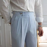 WIAOFELLAS  -  Fashion Men's Italian Style Naples Suit Pants Blue Stripes Seersucker High Waist Paris Buckle Trouser England Business Casual Pa