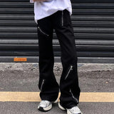 WIAOFELLAS  -  American High Street Style Zipper Design Jeans For Men 2025 Spring And Autumn New Fashion Trend Dark Style Flared Wide-Leg Pants