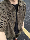 Wiaofellas  -  Vintage Y2K Mens Knitted Shirt Fashion Half Sleeve Hollow Out See Through Knit Cardigans Men Tops Summer Casual Knitting Shirts