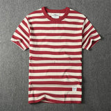 WIAOFELLAS  -  May Khaki heavy round neck cotton T-shirt American retro striped short sleeve T-shirt men's fashion