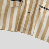 Wiaofellas  -  Men's Shirt Striped Lapel Short Sleeve Button Casual Menswear Clothing Streetwear Loose Fashion Crop Tops For Man