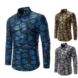 Wiaofellas  -  Men Long Sleeve Shirts Floral Bronzing Turndown Collar Mens Dress Shirt Stage Male Luxury Clothes Chemise Hemd Homme Shirts S62