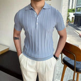 WIAOFELLAS  -  Spring Summer Knit Polo Shirt Men Casual Turn-down Collar Button-up Fashion Striped Solid Slim Tops Ice Silk Fabric T-shirt