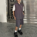 WIAOFELLAS  -  Niche Design Men's Two-piece Solid Color Drawstring Sleeved Hooded T-shirts Straight Wide Leg Loose Male Shorts