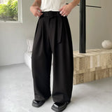 Wiaofellas -  Summer Mens Western Trousers Retro Simplicity Loose Wide Leg Suit Pants Bring A Belt Fashion Solid Casual Straight Pantalones