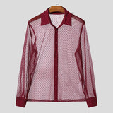 WIAOFELLAS  -  Men Shirt Polka Dot Printing Lapel Long Sleeve Button Men Clothing Mesh See Through Loose Fashion Male Shirts Streetwear