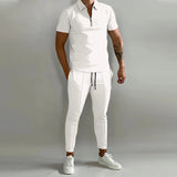 Wiaofellas  -  Fashion Striped Print Mens Tracksuits Spring Summer Short Sleeve Lapel Zipper Tops And Pants Two Piece Sets Men Sports Clothing