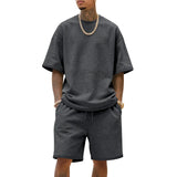 WIAOFELLAS  -  Men's Summer American-Style Loose Heavy Sweater High Street Hip-Hop Sport Short-Sleeved Set with Shorts