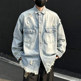 WIAOFELLAS  -  Niche Design Men's Denim Coats Solid Color Holes Raw Edge Pocket Single Breasted Casual Menswear Loose Male Jackets