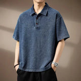 WIAOFELLAS  -  Summer New Men's Denim Polo Shirts American Style Lapel Short Sleeved Loose Tees Shirt High-end Men's Thin Design Trendy Tops
