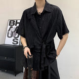 WIAOFELLAS  -  Short Sleeved Men's Shirts Casual Solid Color Hollow Out Jacquard Lace-up Loose Single Breasted Male Tops Trendy