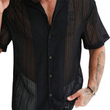 WIAOFELLAS  -  New Chic Men Cardigan Tops Fashion Solid Color Hollow Out Short Sleeve Shirts Holiday Breathable Streetwear High Quality Blouse