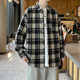 WIAOFELLAS  -  Vintage Long-sleeved Men Woolen Shirt Autumn Spring Hip Hop Baggy Cargo Plaid Men's Shirts High Quality Casual Mens Clothing 5XL