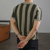 WIAOFELLAS  -  Men's Half-Zip Striped Knitted Short-Sleeved Polo Shirt American Retro Fashion Trend Casual Simple Loose Breathable Men's Tops