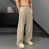 WIAOFELLAS  -  Vintage Men's Solid Color Pleated Straight Blazer Pants Fashion Casual Elastic High Waist Trousers Male 2025 Summer