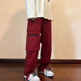 Wiaofellas  -  Red Wine Color Men's Casual Straight Leg Workwear Pants Autumn Season American Style Loose Fit Trousers Harajuku Street Style