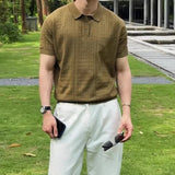 Wiaofellas  -  Men Retro Textured Knit Polo Shirt Lapel Collar Short Sleeve Business Casual Slim Fit Fashion Tops Summer Vintage Pattern Polos