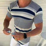 Wiaofellas  -  Retro Striped Knitting T-shirts Men Spring Summer Casual Crew Neck Short Sleeve Slim T Shirt Fashionable Men's Knitted Pullovers
