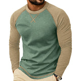 Wiaofellas  -  Men Color Block Raglan Long Sleeve T Shirts Crew Neck Curved Hem Casual Basic Undershirt Tops
