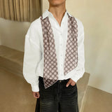 WIAOFELLAS  -  Men Shirt Solid Color Lapel Long Sleeve Men Clothing Plaid Scarf Streetwear Loose Cotton Fashion Casual Tops Male Shirts