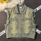 WIAOFELLAS  -  vestRetro Washed Raw Edge Ripped Denim Vest Mens American High Street Fashion Trend Casual Loose Sleeveless Waistcoat Y2k Jacket
