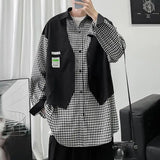 WIAOFELLAS  -  Fake Two-piece Plaid Spliced   long-sleeved Shirt Loose Design Men's Casual Hong Kong Style Jacket Spring and Autumn New Style