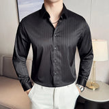 WIAOFELLAS  -  Long-sleeved Striped Silk Shirts for Men High End British Style Slim Fit Men's Dress Shirt Lapel Business Formal Mens Clothing