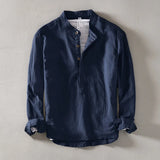 WIAOFELLAS  -  Cotton and linen top men's casual shirt Korean version slim fit solid color stand up collar pullover cotton and linen shirt men