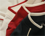 WIAOFELLAS  -  Athleisure style V-neck short-sleeved T-shirt male couple pure cotton color splicing summer fashion half sleeve base T