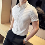 WIAOFELLAS  -  Summer Spring Short Sleeved Silky Shirt Men British Style Striped Printed Slim Mens Shirts Business Handsome Men's Casual Shirt